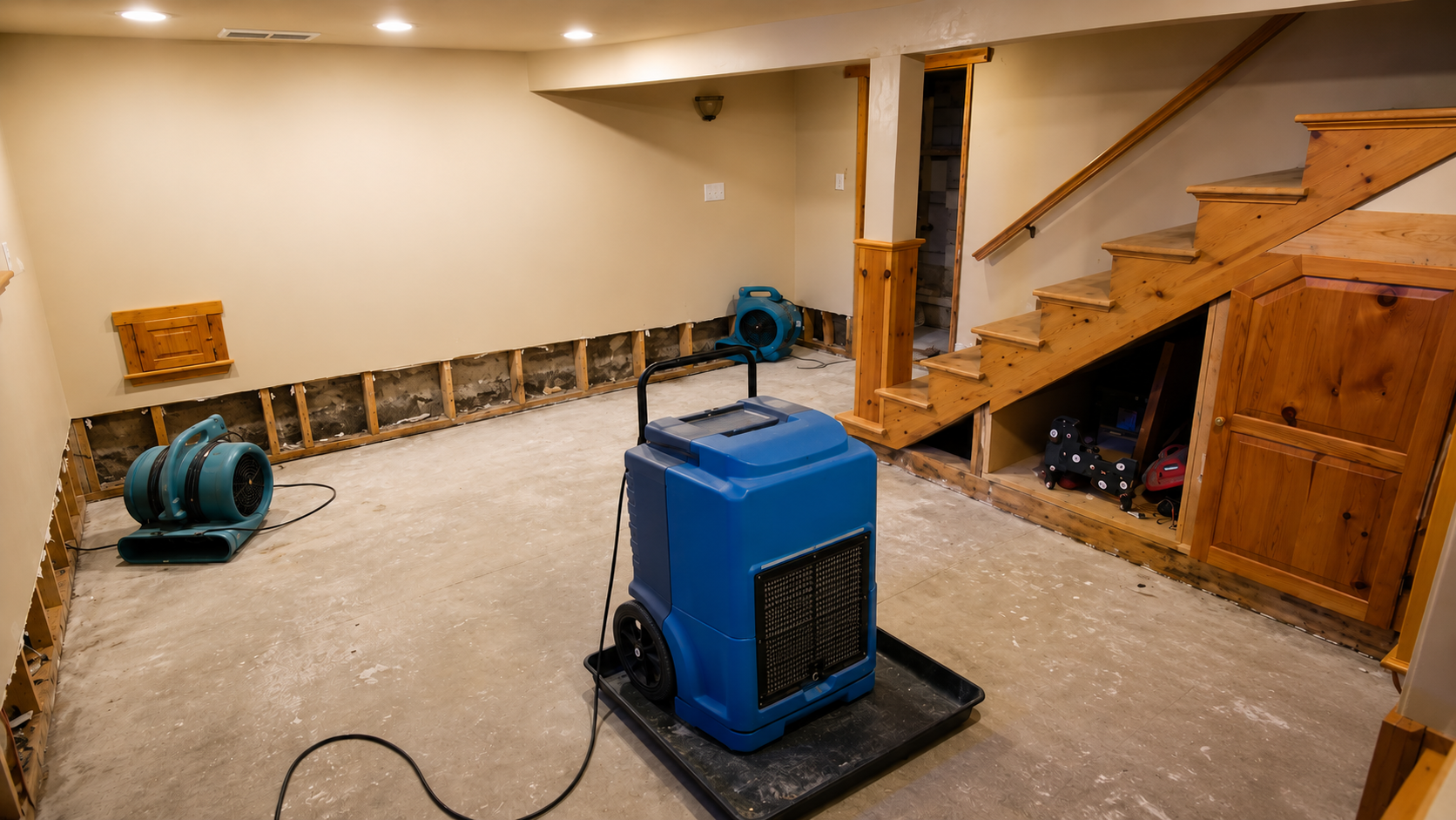 Professional dehumidifier and air movers drying a water-damaged basement during the restoration process to remove moisture after water damage.