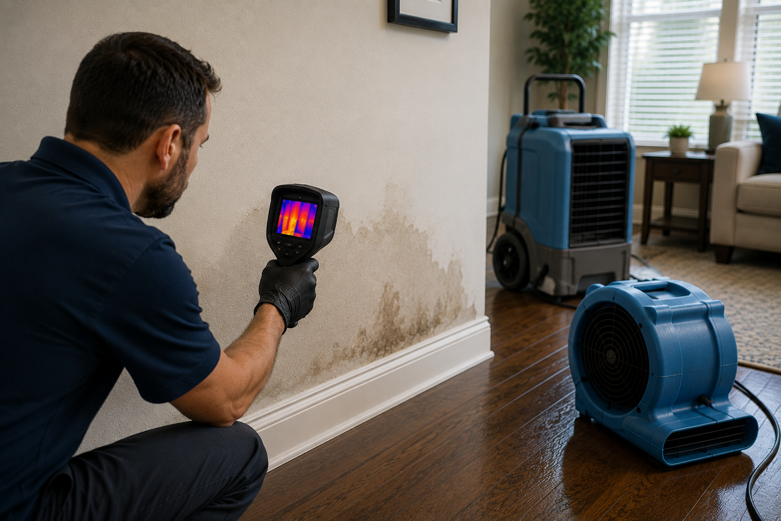 Restoration technician using an infrared thermal imaging camera to inspect a water-damaged interior wall for hidden moisture while industrial drying equipment operates nearby in a residential home.