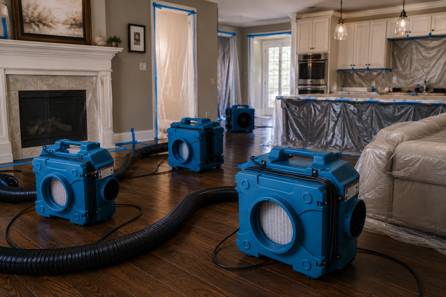 Professional HEPA 500 air scrubbers operating throughout a residential home during smoke remediation, with containment barriers and air filtration equipment working to remove smoke particles and restore indoor air quality after fire damage.
