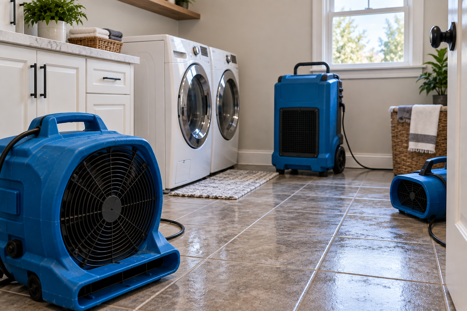 Professional air movers and dehumidification equipment drying a tiled laundry room after water intrusion, with a washer and dryer visible in the background.